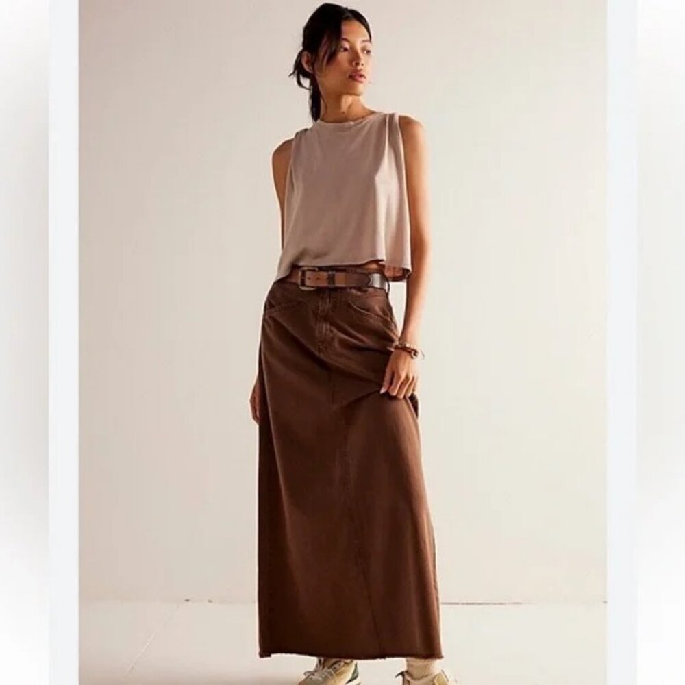 NWT Free People We The Free Come As You Are Denim Maxi Skirt in Rain Drum Brown
